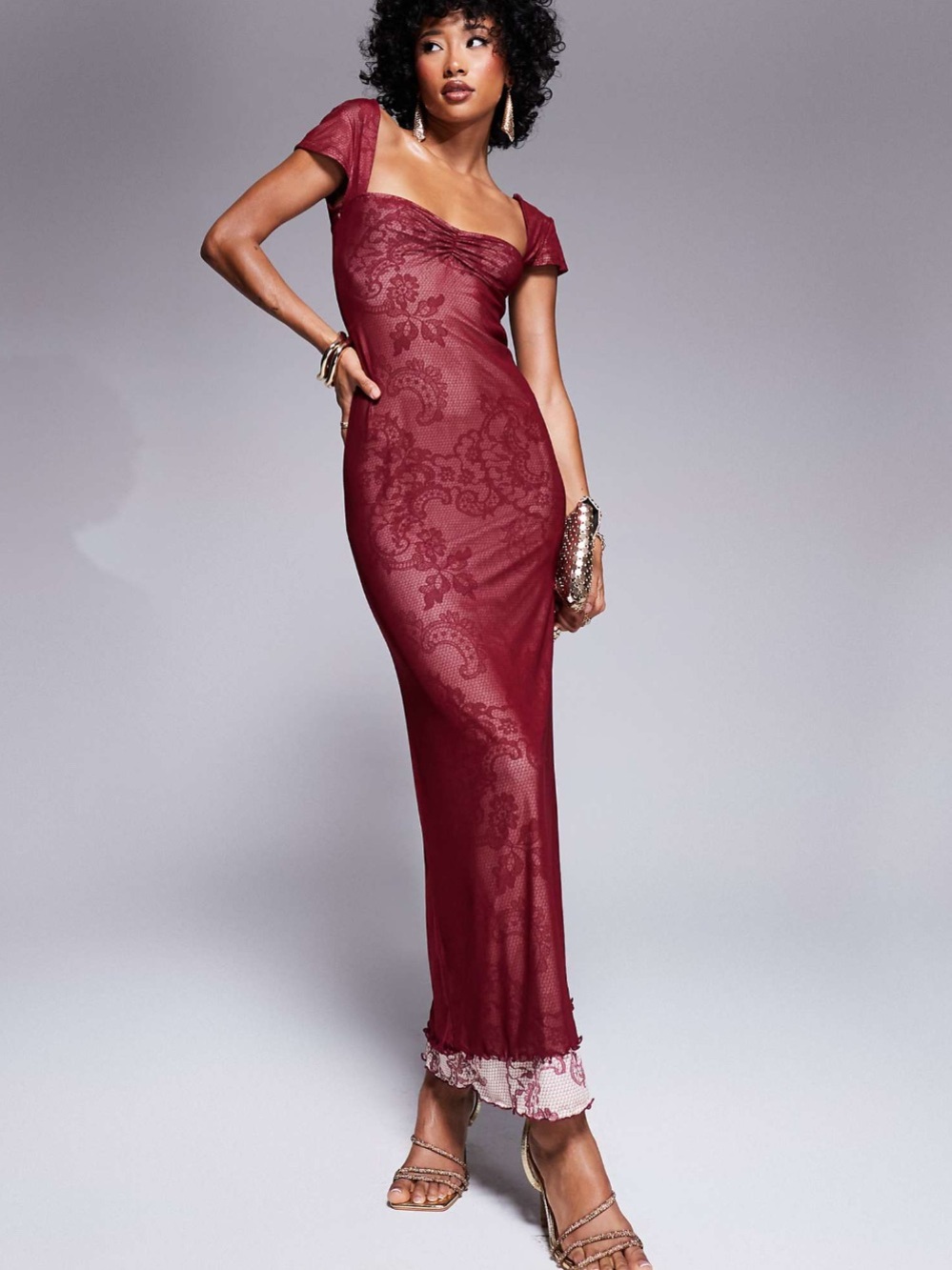 ASOS Sweetheart Neckline Double Layer Mesh and Lace Print Maxi Dress in Burgundy